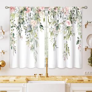 Eucalyptus Botanical Leaves Pink Rose Floral Kitchen Window Curtains Over Sink Farmhouse Flower Leaf Small Window Treatment Cafe Short Curtains for Bathroom Treatment Tier Drapes 26x24 inch (04 Green Pink)
