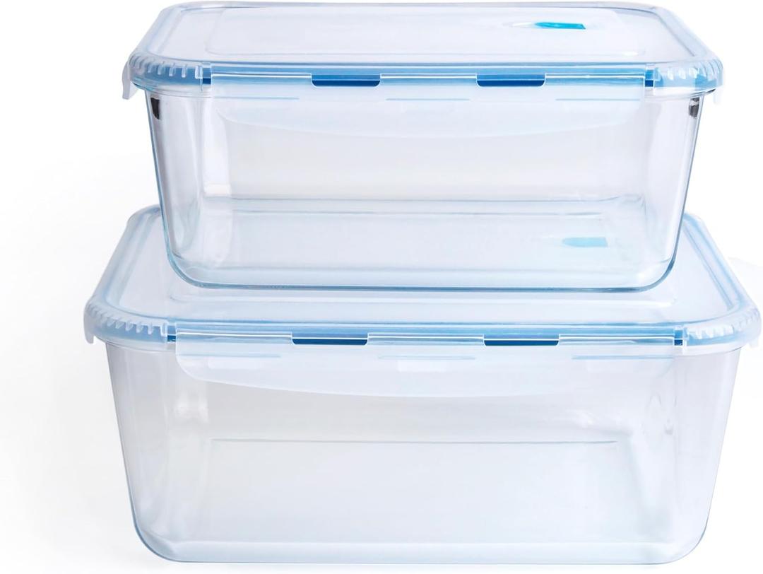 Large Borosilicate Tempered Glass Food Storage Containers with BPA-Free Lids, [2 Pack] Rectangular Airtight Food Containers (120oz+70oz). Microwave, Oven, Freezer and Dishwasher Safe.