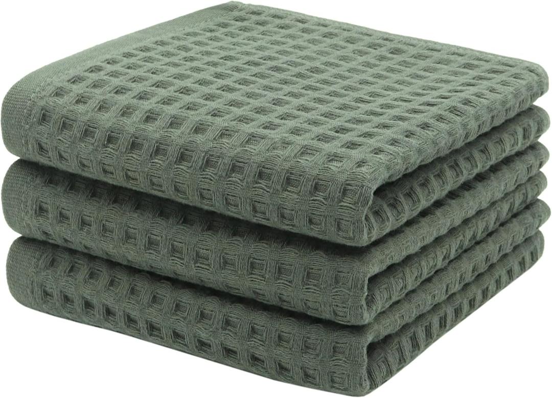 Mia's Dream Premium Cotton Waffle Bathroom Towel Set, 3 Pack Quick Drying Facial & Hand Towels, 13" x 27" (Olive Green)