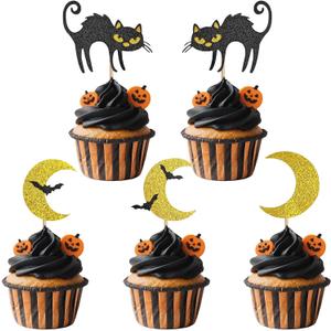2 x GYGYL 20 PCS Halloween Cupcake Toppers, Glitter Moon Cat Bat Cupcake Picks for Halloween Theme Birthday Party Supplies (Moon)