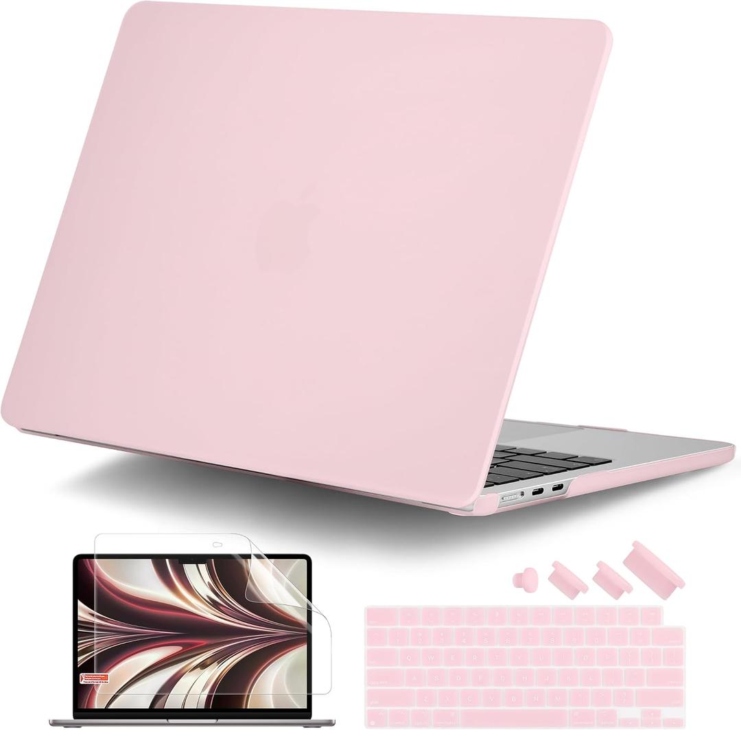DONGKE for MacBook Air 13 Inch (13.6 Inch) Case, M5/M4/M3/M2 Chip 2026 2025 2024 2023 2022, Hard Plastic Printed Cover with Screen Protector & Keyboard Cover & Dust Plugs, Pink & White Stripes