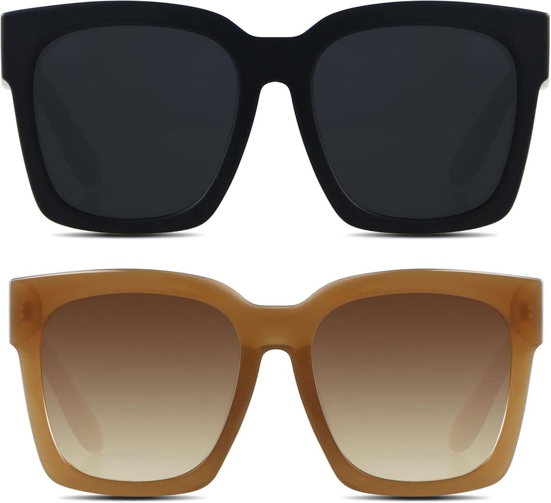 ANDWOOD Oversized Sunglasses for Women Big Large Square Wide Frame Shades Retro Trendy Fashion UV Protection ((2pack) Matte Black + Brown)