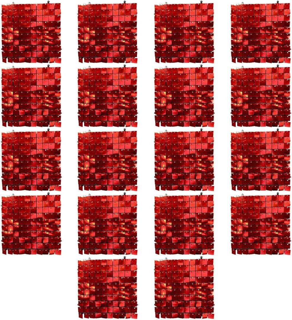 Queenbox 11.8x11.8in 18pcs Bling Wall Backdrop, Square Rainbow Sequin Wall Panel for Wedding Birthday Party Background, Iridescent Red
