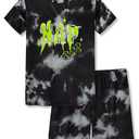 Beezizac Pajamas for Boys Trendy Black Tie Dye Short Sleeve Set 2-PC PJ Kid Cozy Sleepwear Size 10-12,  Shorts size 18