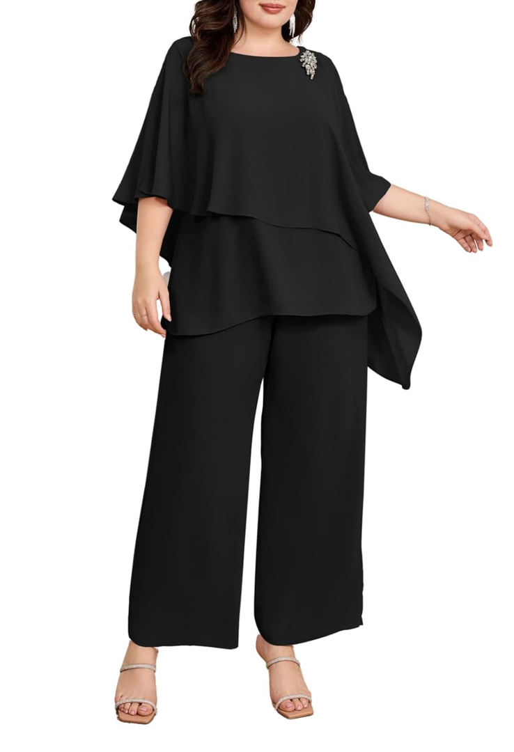 Hanna Nikole Plus Size Mother of Bride Pant Suits 2 Piece Chiffon Sets Ruffle Layers Wedding Guest Outfit, 22W