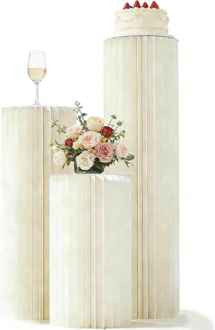 Karida 3 Pack Portable White Cylinder Stands for Party, 31.5", 23.6", 15.7" Height Foldable Cardboard Tall Cake Pedestal Stand Pillar Table Stand Event Plinth, cilindros para fiestas redondos blancos for Wedding Parties