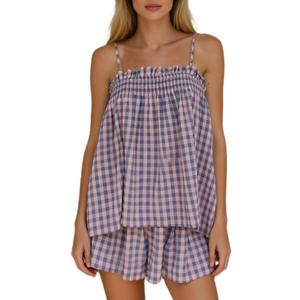 Lordree Women Striped Pajama Set Ruffle Hem Spaghetti Strap Cami Top Wide Leg Shorts Set Y2k 2 Piece Pj Outfits (Pink, M)