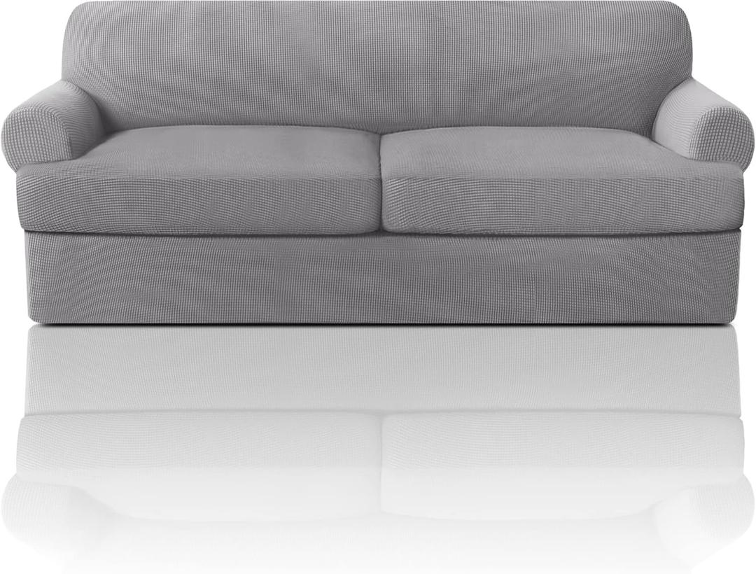 PrinceDeco T Cushion Sofa Slipcover 3 Pieces Sofa Covers for T Cushion Couch Soft Couch Covers Sofa Slip Cover Furniture Covers with 2 Individual T Shape Seat Covers Width Up to 90", Dove