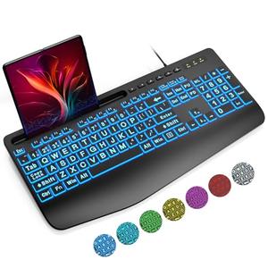 SABLUTE K21 Pro Large Print Backlit Keyboard, Wired USB Computer Keyboards with 7-Colors Backlight, Wrist Rest, Phone Holder, Oversized Letter Keys Easy to See and Type for Laptop, PC, Windows, Black