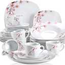 VEWEET 30-Piece Ceramic Dinnerware Set Service for 6 Ivory White Porcelain Floral Pattern Dinner Plate, Soup Plate, Salad Plate, Bowl Set (Annie Series)