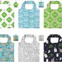 BeeGreen Print Reusable Shopping Bags 6 Pack - Heavy Duty Washable and Foldable Polyester Shopping Bag for Women, Reusable Gift Grocery Totes Market Tote Bag with Handles for Travel Holiday (Green-black,green,blue)