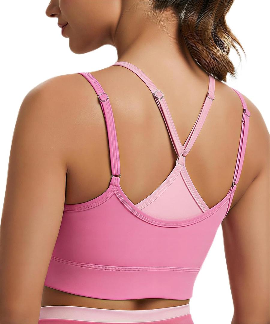 SEASUM Sports Bras for Women Color-Block Sports Bra Layered-Look Tank Top with Removable Cups (Large, #1 Pink)