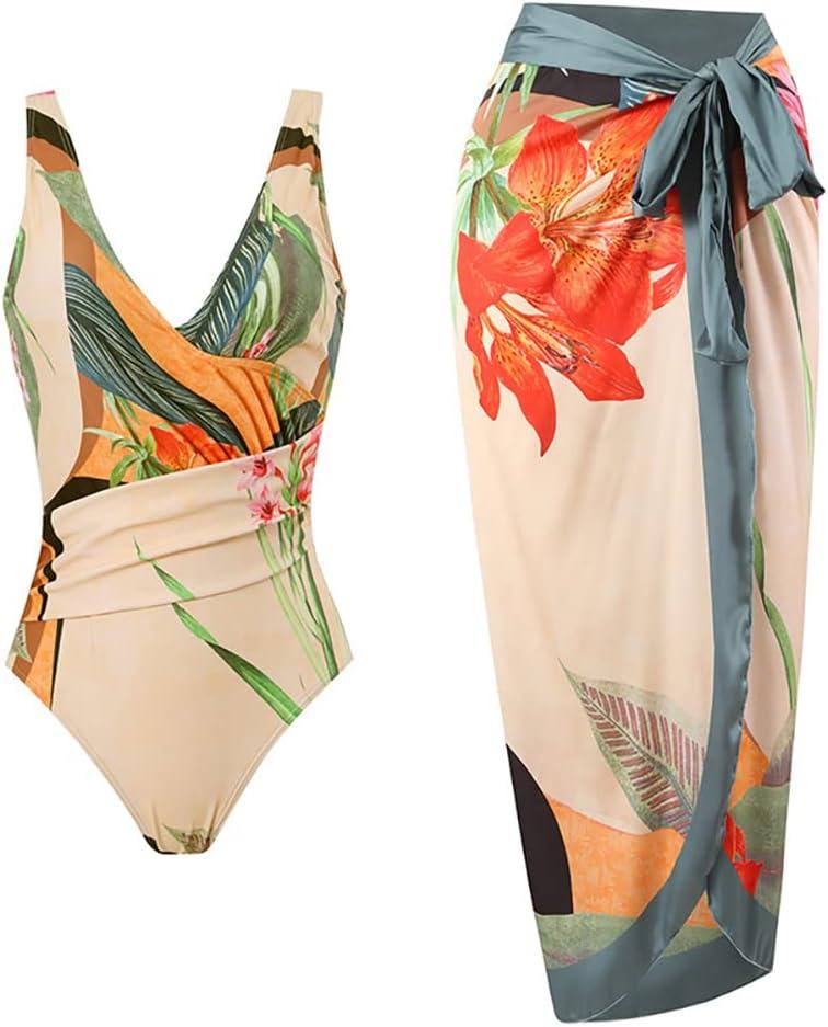Womens One Piece Floral Bathing Suit with Beach Cover up Wrap Skirt Two Piece Tummy Control Monokini Set Swimsuit (X-Large, 3015-orange)