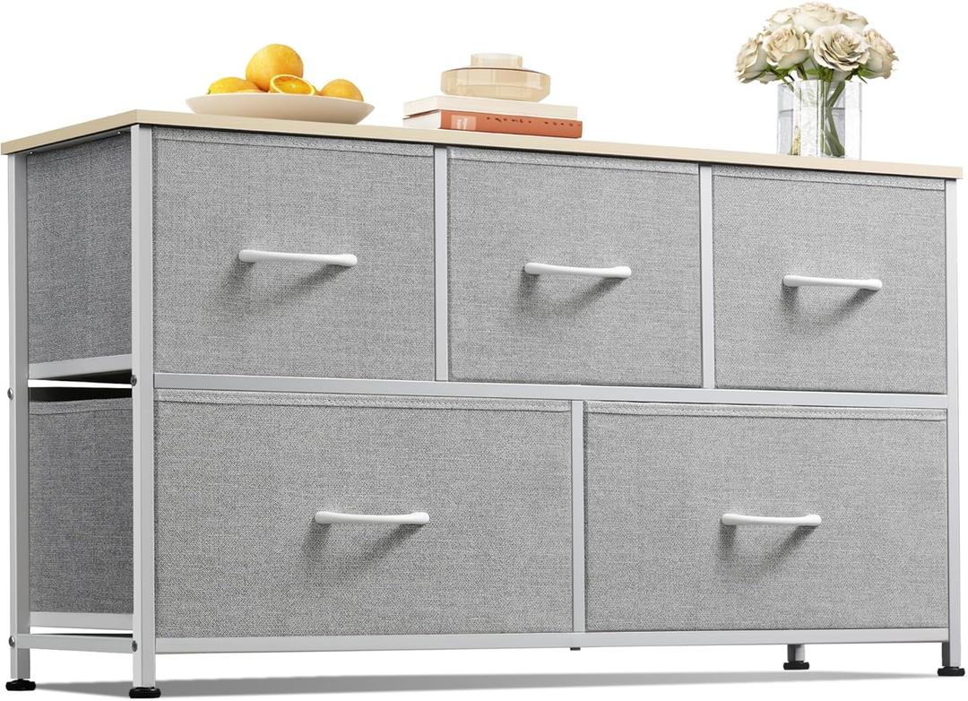 WLIVE Dresser for Bedroom with 5 Drawers, Wide Chest of Drawers, Fabric Dresser, Storage Organization Unit with Fabric Bins for Closet, Living Room, Hallway, Light Grey, 11.81"D x 39.37"W x 21.65"H