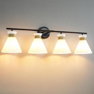 Bathroom Vanity Light Fixtures: 4-Light Mid Century Modern Vanity Lights for Bathroom Over Mirror, Black and Gold Wall Sconce Lighting with Frosted Milky Glass for Bath Bedroom