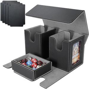 AFIING MTG Commander Card Storage Box - Fits 200 Double Sleeved Cards,3-in-1Card Deck Case,Strong Magnet Card Organizer For Magic Commander TCG CCG,4Dividers &2 Toploaders, Black/Grey