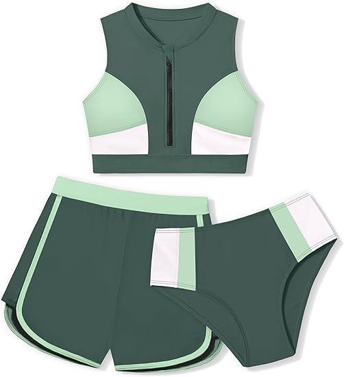 Girls Swimsuit 3 Piece Color Block Zipper Front Bathing Suit Bikini Set with Shorts Sporty Girls' Swimwear (9-10)