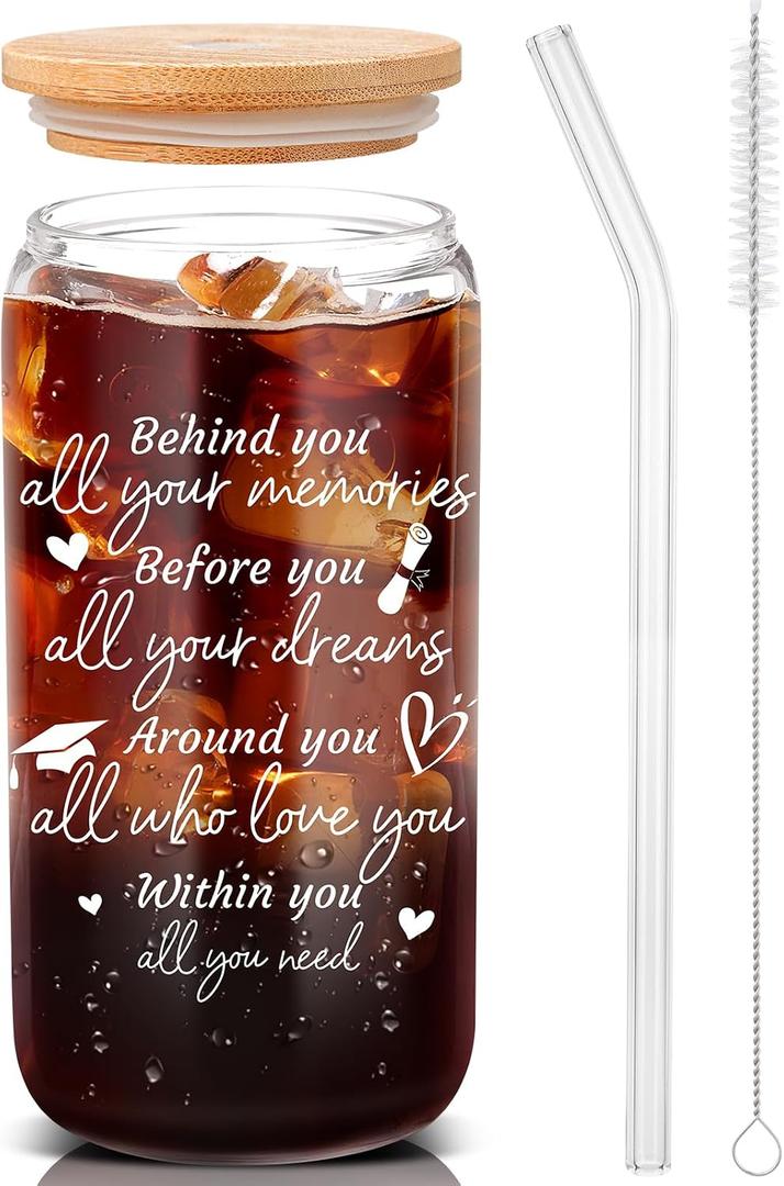 Graduation Gifts for Her 2026 Glass Cups with Lids and Straws 16oz Drinking Graduation Decorations College High School Student Gift New Job Congratulations Gifts