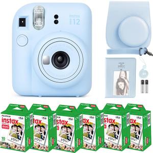 Fujifilm Instax Mini 12 Camera with Fujifilm Instant Mini Film (60 Sheets) Bundle with Deals Number One Accessories Including Carrying Case, Photo Album, Stickers (Pastel Blue)