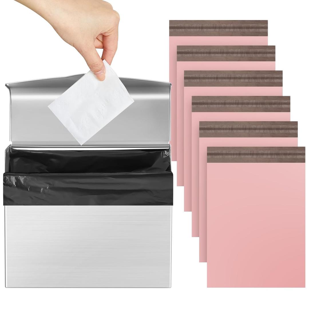 Tioncy 1 Pack Sanitary Napkin Disposal Receptacle with Feminine Hygiene Disposal Bag Stainless Steel Tampon Bin Trash Can Wall Mounted Waste Tampon Holder Feminine Hygiene Container (Silver)