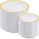 AOZITA 200PCS Gold Plastic Plates Set, Heavy Duty Disposable Plates for Party & Wedding, Includes 100 Dinner Plates and 100 Dessert Salad Plates, Elegant White with Gold Rim Dinnerware