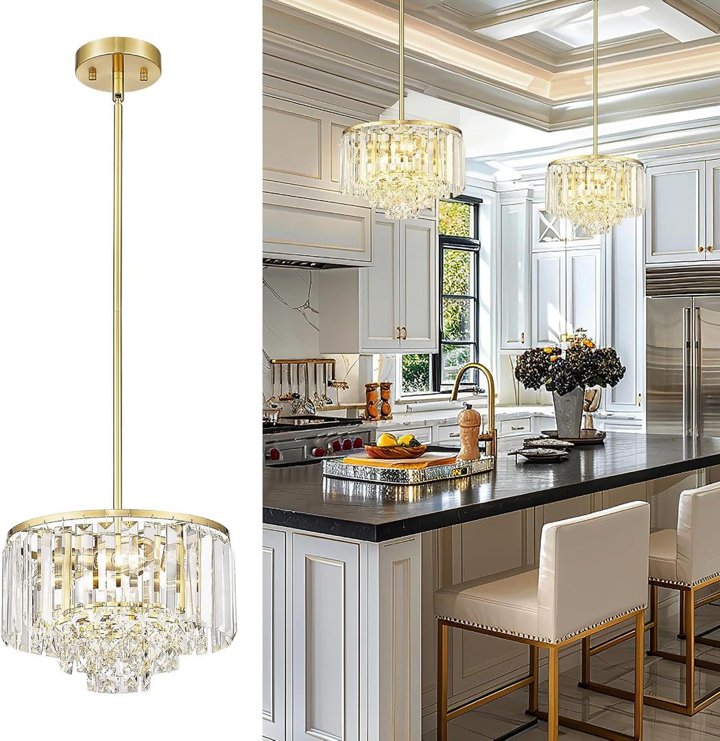 Polished Gold Chandelier, 4-Tier Crystal Pendant Light fixtures, Vintage Hanging Light, Chandeliers for Dining Room Kitchen Island Bedroom Entryway, CC4215-3W-PG