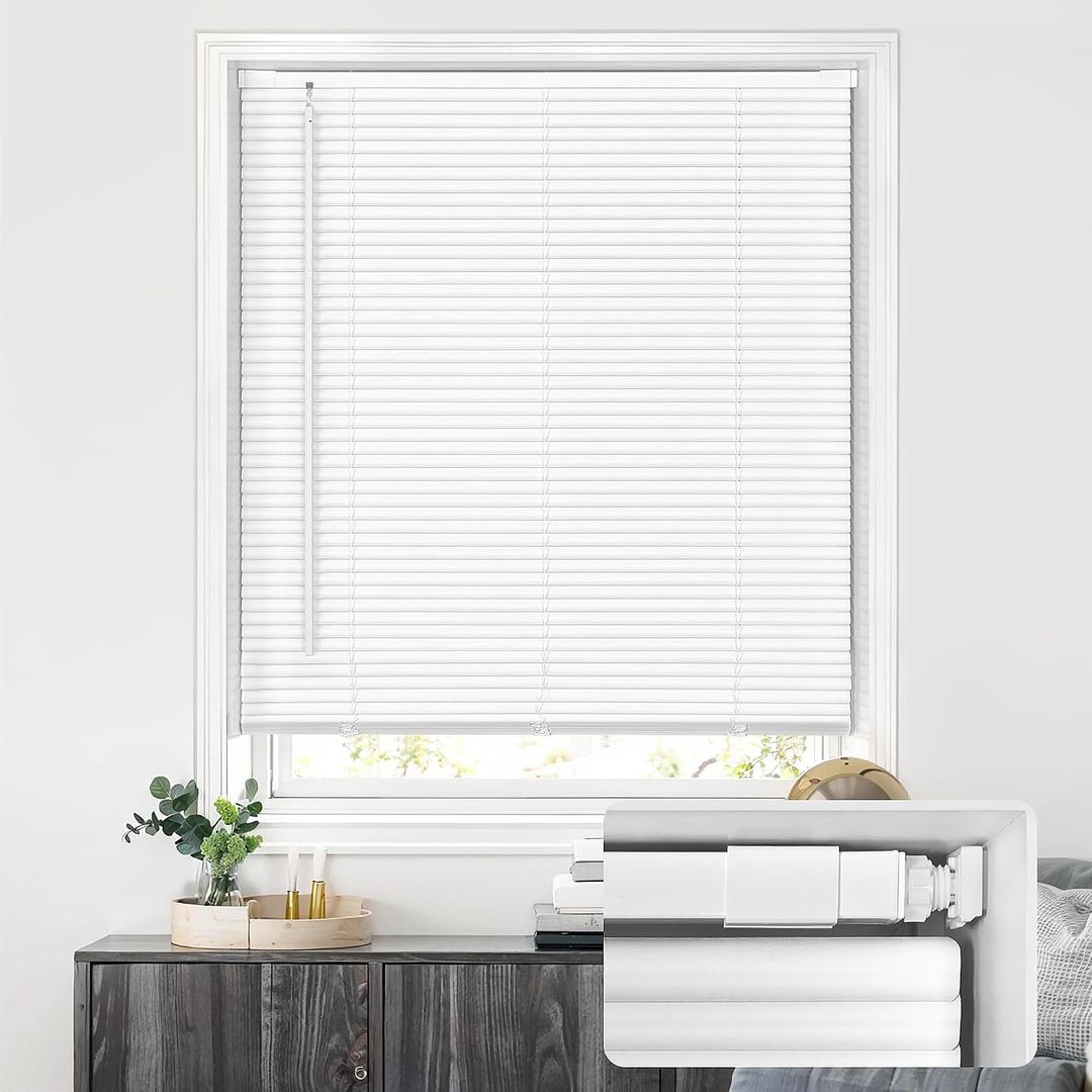 LazBlinds No Drill Blinds for Indoor Windows, Cordless 1" Vinyl Mini Blinds, Privacy S-Curve Blinds for Windows, Room Darkening Horizontal Window Blinds and Shades for Home, 28" W x 64" H, White