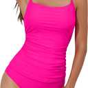 Eomenie Women's Swimsuit Tankini Tummy Control Bathing Suits Two Piece Full Coverage Slim Swim Suits with High Waisted Bottom (Pink, L)