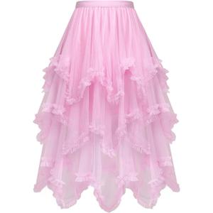 C-ZOFEK Women's Tulle Skirt, High Low Ruffle Layered Fairy Skirt for Dress Costume(Multicolor) (Pink)
