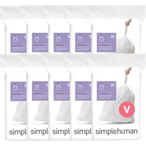 Simplehuman Code V 200 Count Custom Fit Liners, Drawstring Kitchen Trash Bags, One-by-One Mess-Free Dispense, Extra Thick & Double Seamed, 50% PCR Plastic, 16-18 Liter / 4.2-4.8 Gallon, White