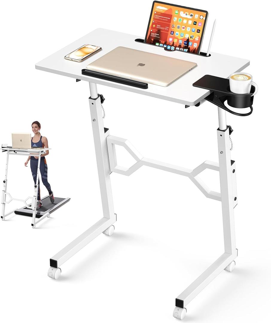 Small Standing Desk with Wheels, Portable Treadmill Desk, Rolling Desk Adjustable Height for Laptop, Mobile Standing Table for Walking Pad, Bedside Table (White) Small Standing Desk with Wheels, Portable Treadmill Desk, Rolling Desk Adjustable Height for Laptop, Mobile Standing Table for Walking Pad, Bedside Table (White)