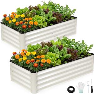 INNO STAGE Galvanized Raised Garden Bed Kits, 4x2x1ft Metal Raised Garden Beds Outdoor, Steel Raised Planter Bed with Gloves for Vegetables & Flowers Patio Ground Planter Box (White, 2PCS)