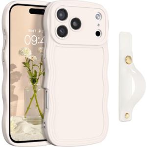 GUAGUA for iPhone 17 Pro Max Case with Wrist Strap, Wavy Edge Phone Case Cute Curly Shape with Adjustable Wristband Kickstand Shockproof Anti Slip Phone Case for iPhone 17 Pro Max, Antique White