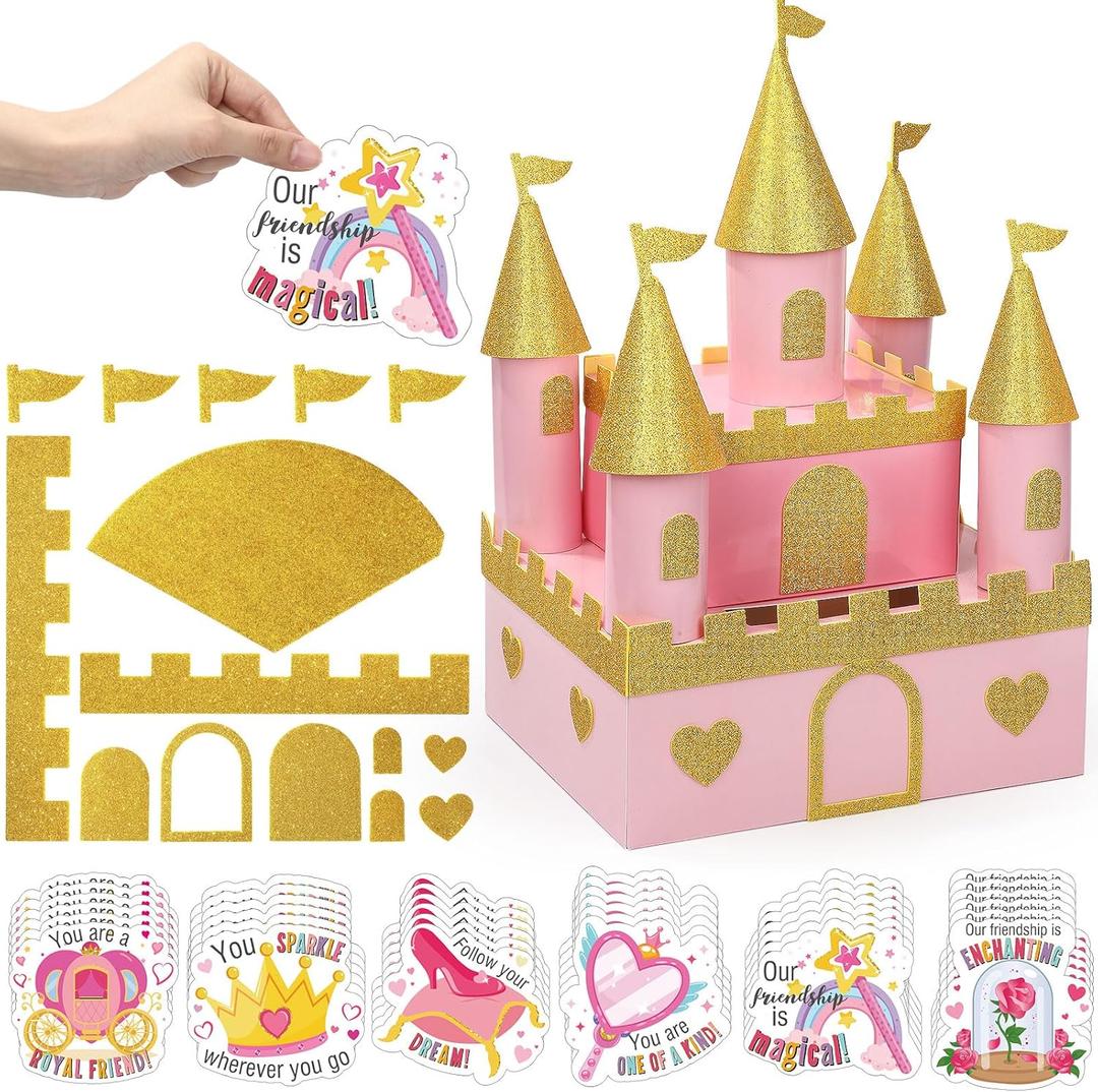 Pasimy Valentines DIY Mailbox for Kids with Greeting Cards Valentine's Day Card Box for School Classroom Boys Girls Gifts Exchange, Kids Gift to Party Favor Sets(Princess)