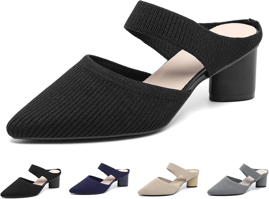 Women's Knit Pointed Toe Chunky Heel Mules Fashion Mesh Breathable Closed Toe Backless Block Heel Slip On Dressy Pumps Summer Casual Work Office Wedding Heeled Sandals (41)