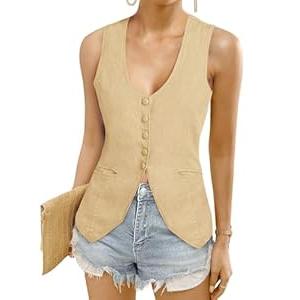 COCCKO Womens Deep V Neck Blazer Vest Summer Linen Sleeveless Waist Coat Vest Work Casual Cotton Tank Tops
