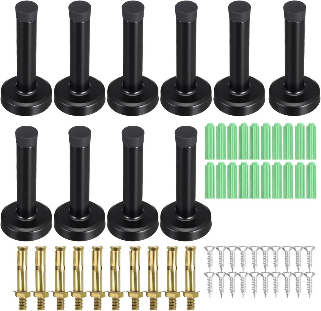 10 Pcs Door Stop with Rubber Tips, 3.5 Inch Heavy Duty Stainless Steel Door Stoppers, Sound Dampening Wall Mounted Bumper Holder Protection, Black