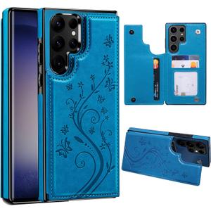 Korecase for Samsung Galaxy S25 Ultra Wallet Case with Card Holder,Flower Back Flip Protective Phone Case Cover for Samsung Galaxy S25 Ultra,Blue