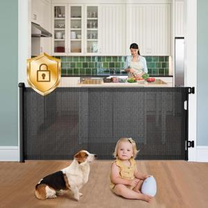 Retractable Baby Gates Hardware Mount for Stairs with Auto-Lock, 33" x 71" Mesh Double Locking Safety Baby Dog Pet Cat Gate for Doorways, Durable Child Gate for Hallways Kitchen Indoor Outdoor Black (33"Tall 71"Wide Drill)
