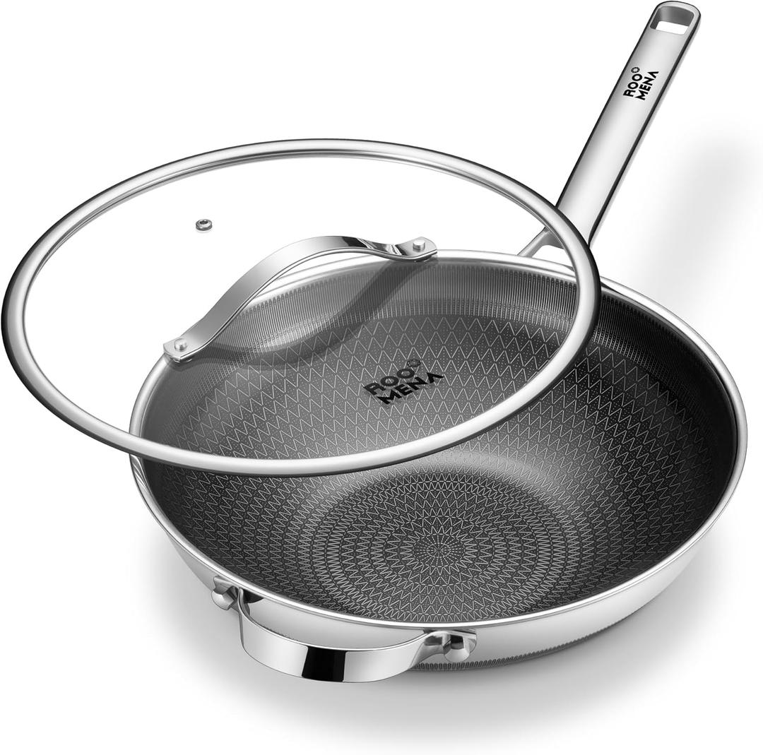 Wok pan with Lid, Hybrid Ceramic 13 Inch Tri-Ply Stainless Steel Woks & Stir-fry Pans Nonstick, Non-Toxic, PFAS/PFOA/PTFE Free, Metal Utensil Safe, Dishwasher & Oven Safe, Induction Compatible