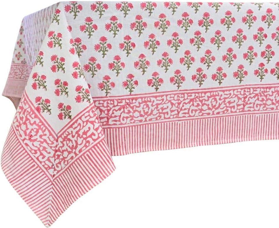 ATOSII Gulbahar White Pink 100% Cotton Fall Rectangle Tablecloth, Hand Block Print Washable Table Cover, Christmas Parties Buffet Dining, Weddings, Thanksgiving, Halloween, 60 X 108 Inches 8 Seater