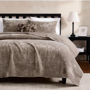 WDCOZY Velvet King Size Quilt Set - Brown Taupe Tan Camel Striped Pick Stitch Soft Lightweight Bedspread, Channel Farmhouse Country Rustic Coverlet, Modern Bedding Warm Thin Comforter, 3 Pieces (King(104"x90"))