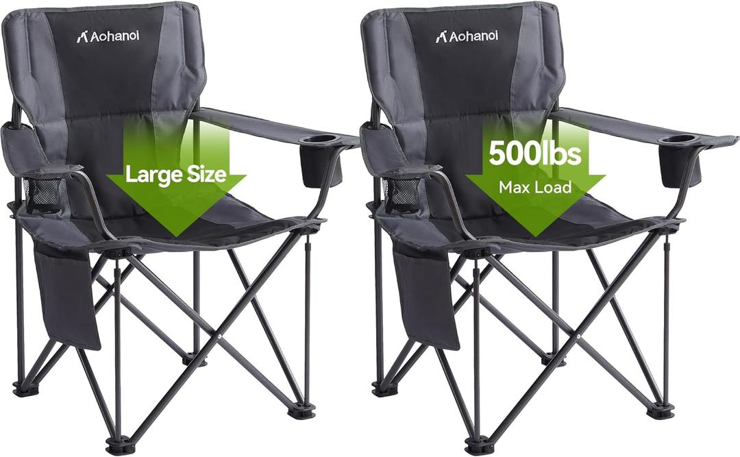 Oversized XL Camping Chairs for Adults, Padded Folding Camp Chair with High Back, Cup Holder & Side Pocket for Outside, Lawn, Beach, Fishing, Sports, Folding Heavy Duty Chairs, Black