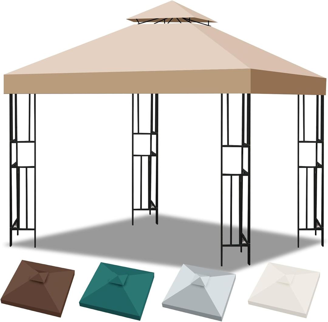 10x10 Canopy Replacement Top, Double Tiered Gazebo Cover with Air Vent Heavy Duty, Waterproof Gazebo Roof with Upgraded 300D Polyester for Outdoor Patio Garden Canopy (Khaki, Flat Edge)