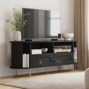 Oval Rattan TV Stand & Media Console  63 Entertainment Center with Storage, TV Console Table for Living Room & Bedrooms, Supports 3265 Device, Soft-Close Cabinet Doors, Black (Black and Black Rattan)