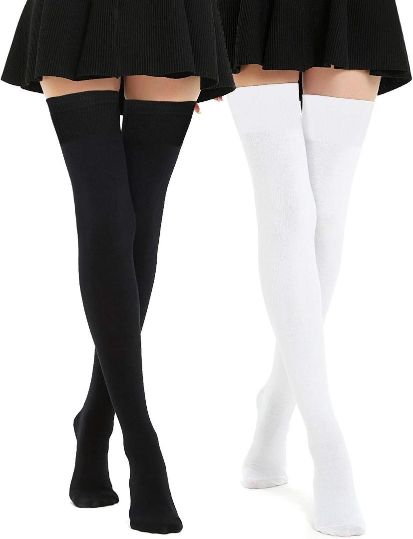 Kayhoma Extra Long Cotton Stripe Thigh High Socks Over the Knee High Stockings (Medium, Black/White)