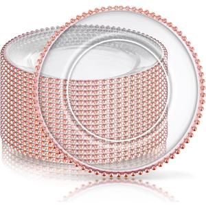 Zopeal 18 PCS Clear Charger Plates with Beaded Rim 13 Inch Plastic Round Charger Plates Bulk for Dinner Home Kitchen Wedding Party Tabletop(Rose Gold)