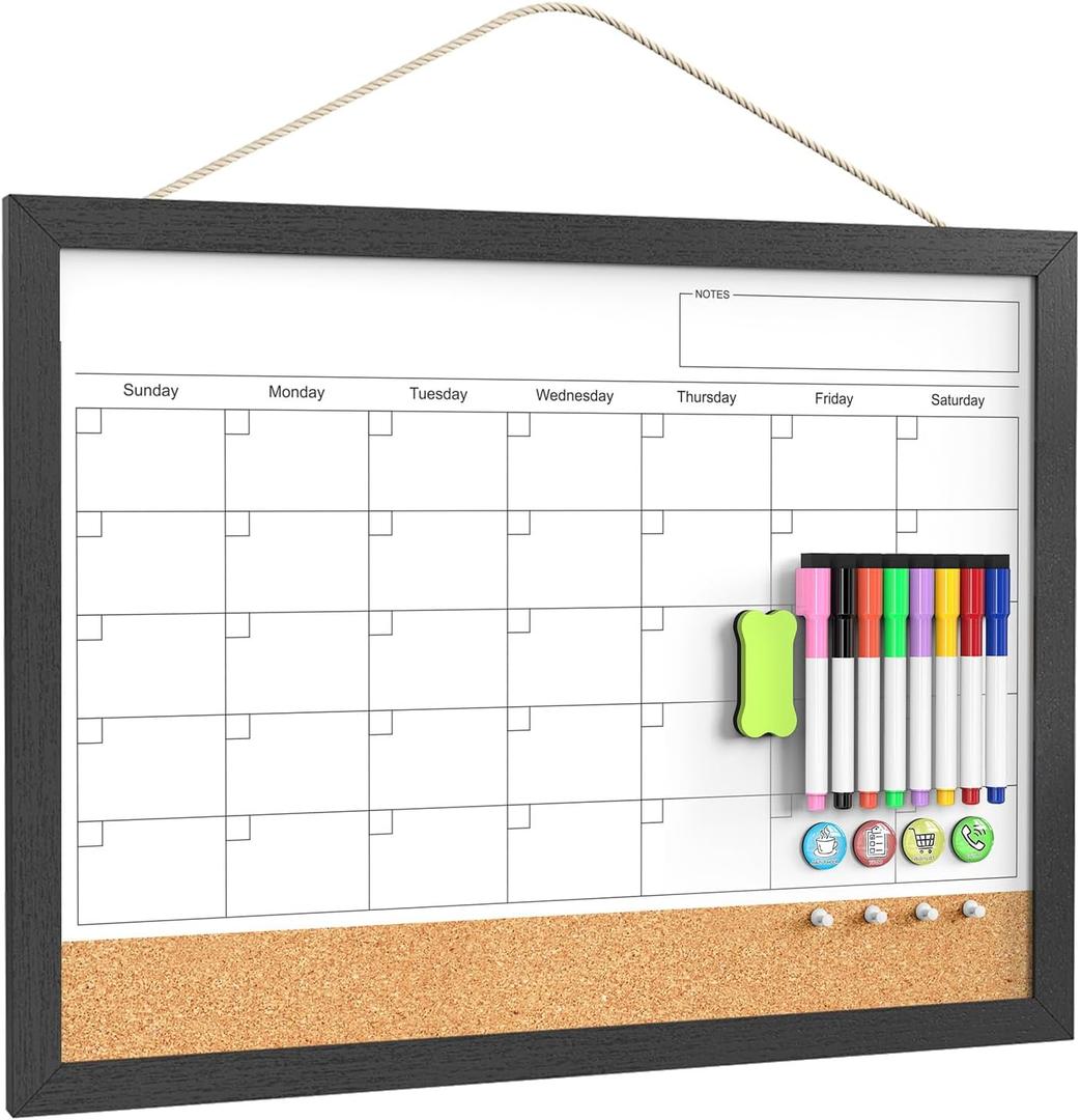 Dry Erase Calendar for Wall, 18x24 Inches Calendar Whiteboard for Wall, Magnetic Monthly White Board Corkboard with Wood Framed, Hanging Dry Erase Board for Kitchen Home Office School Planner (Black)