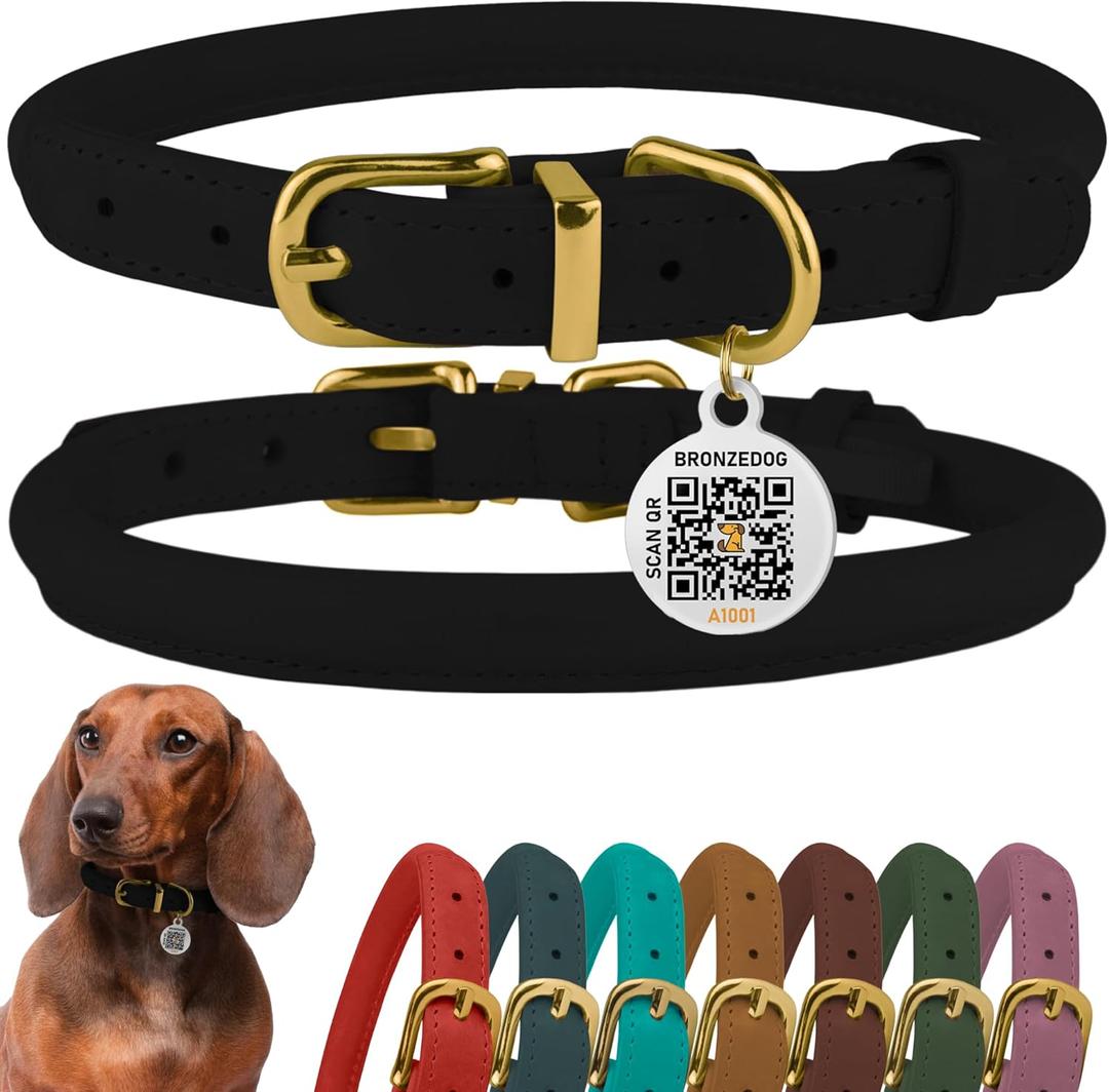 BronzeDog Rolled Leather Dog Collar with QR ID Tag, Adjustable Soft Round Collars for Small Medium Large Dogs Puppy (16" - 19" Neck Size, Black Night)