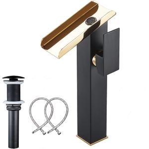 Bathroom Vessel Sink Faucet Black&Gold Waterfall Single Handle 1 Hole Matching Bathroom Pop Up Drain Without Overflow Lavatory Vanity Basin Tap Deck Mount Farmhouse Bowl Sink Bath Faucets Commercial (Tall)